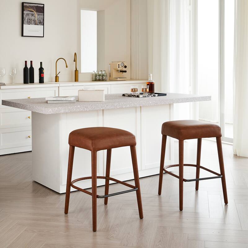 Set of 2 Counter Height Backless Brown Faux Leather Bar Stool - Comfortable Padded Seat with Sturdy Metal Legs - Cognac