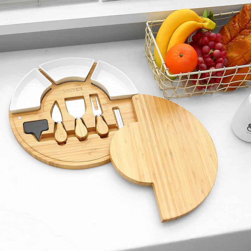 Vaiyer Charcuterie Cheese Cutting Board Set w/ Slide Out Board w 3 Knives, 3 Ceramic Bowls w 2 Slate Labels & Chalk Marker