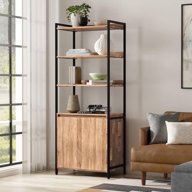 WYNDENHALL Paola SOLID MANGO WOOD 74x30 inch Modern Large Bookshelf with Cabinet in Natural - Natural