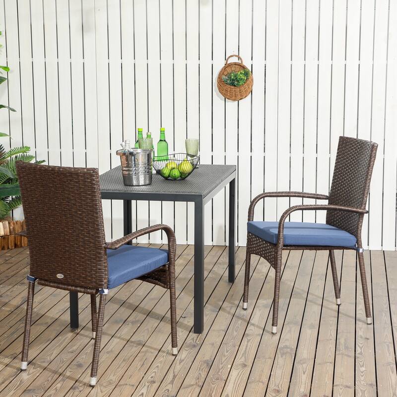 Outsunny Stackable Rattan Outdoor Dining Chairs with Cushions, Patio Wicker Dining Chairs with Armrests and Backrest