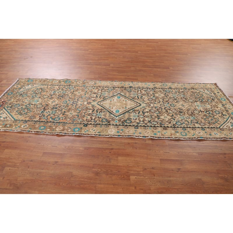 Geometric Hamedan Persian Vintage Runner Rug Handmade Wool Carpet - 3'5" x 9'5"