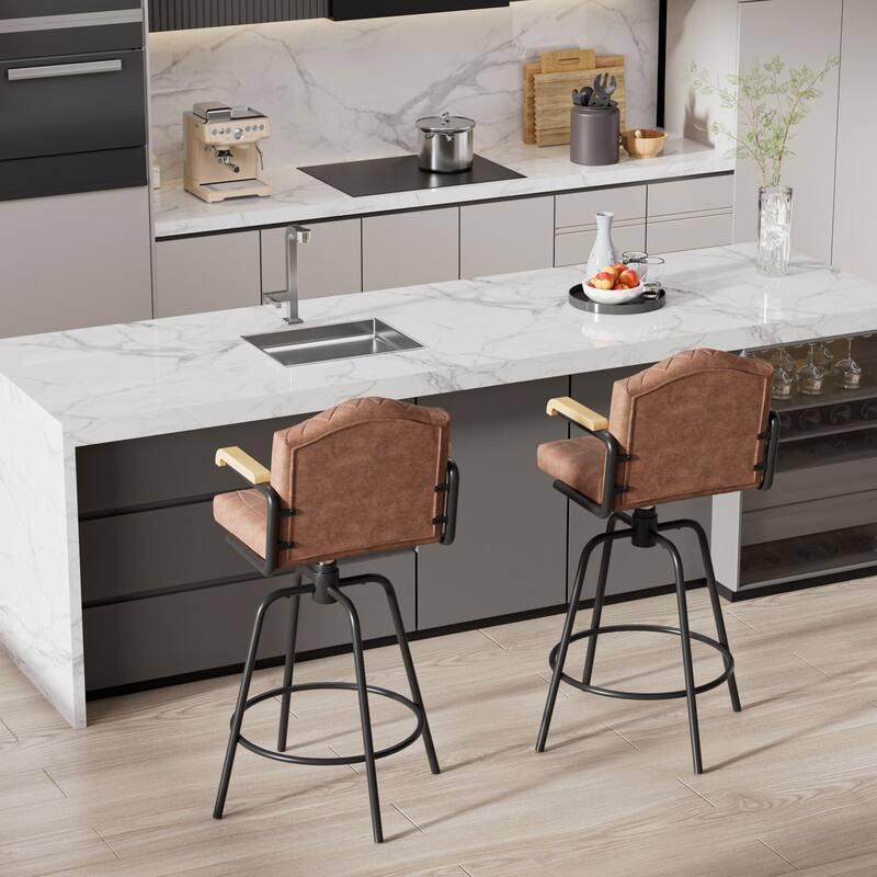 VECELO Set of 2/4 Brown PU Leather Swivel Bar Stools Comfortable Swivel Bar Stools with Footrest Fixed Height Tufted Bar Stools