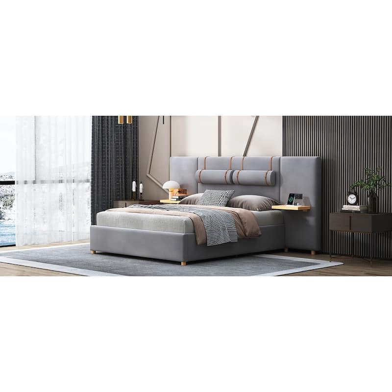 Queen Upholstered Platform Bed with Two Outlets and USB Charging Ports on Both Sides