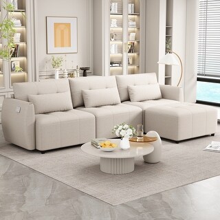Living Room Convertible Sofa Set L-shape Linen Fabric Sectional Sofa ...