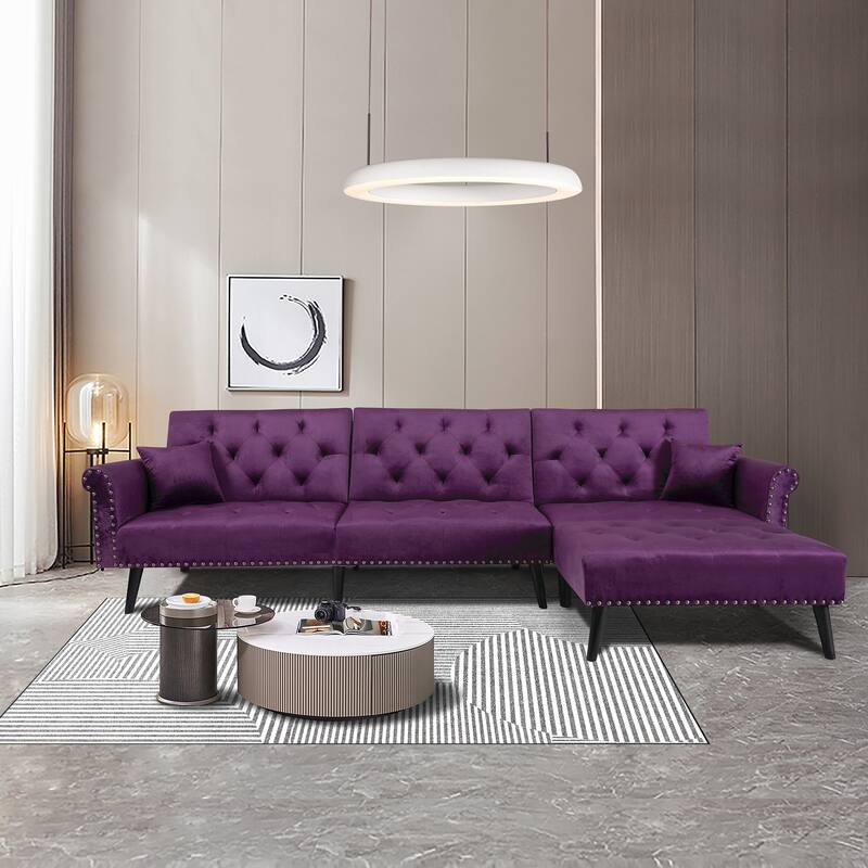 2 Pieces Convertible Reversible Sectional Sofa Velvet Sofa Sleeper Chaise - Purple