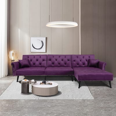Velvet Convertible Sofa Bed Manual Recline Sleeper Reversible Couch with Tufted Back and Metal Nails