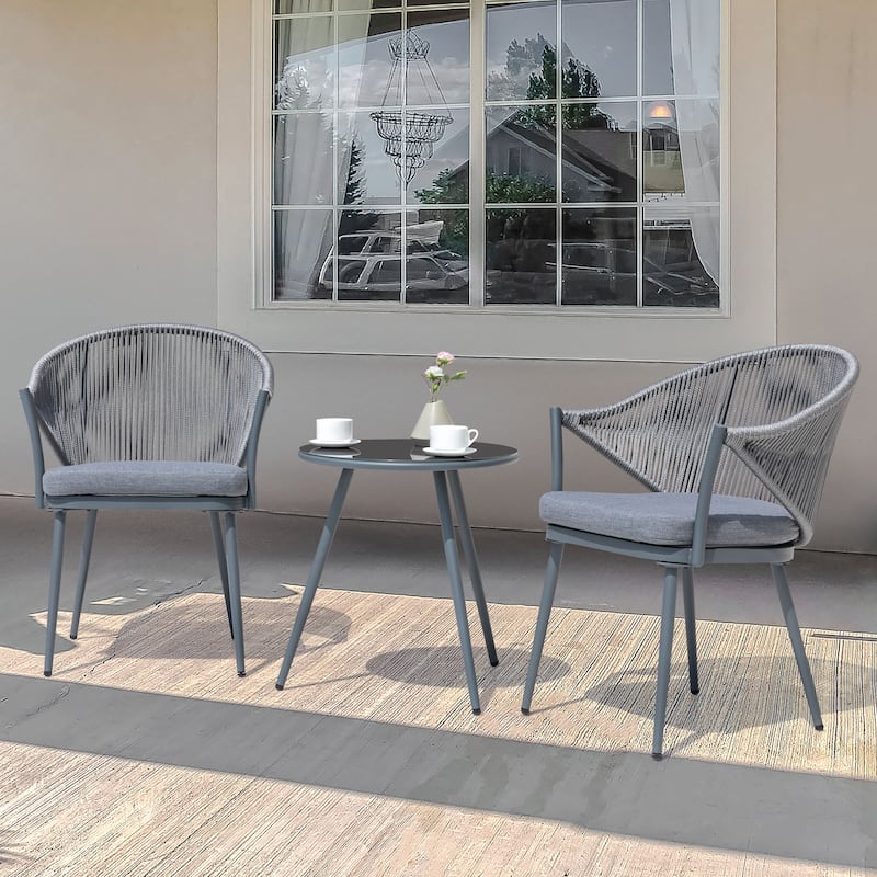 Nuu Garden 3-Piece Aluminum Outdoor Bistro Set, 1 Coffee Table and 2 Woven Rope Chairs with Seat Cushions
