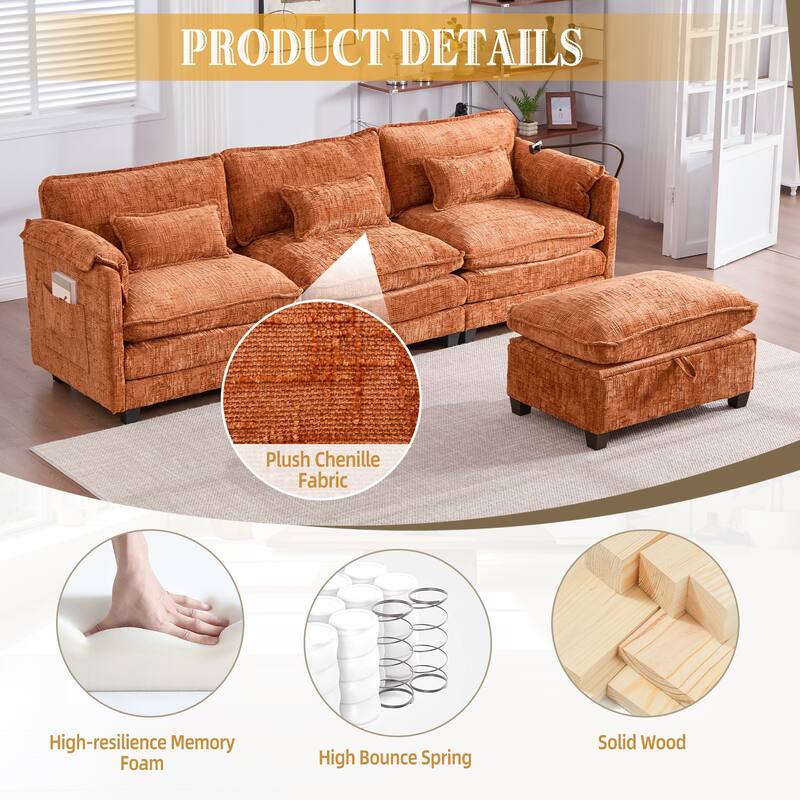 HOMEFUN Chenille Upholstered L-shaped Phone Holder Modular Sectional Sleeper Sofa with Movable Storage Ottoman