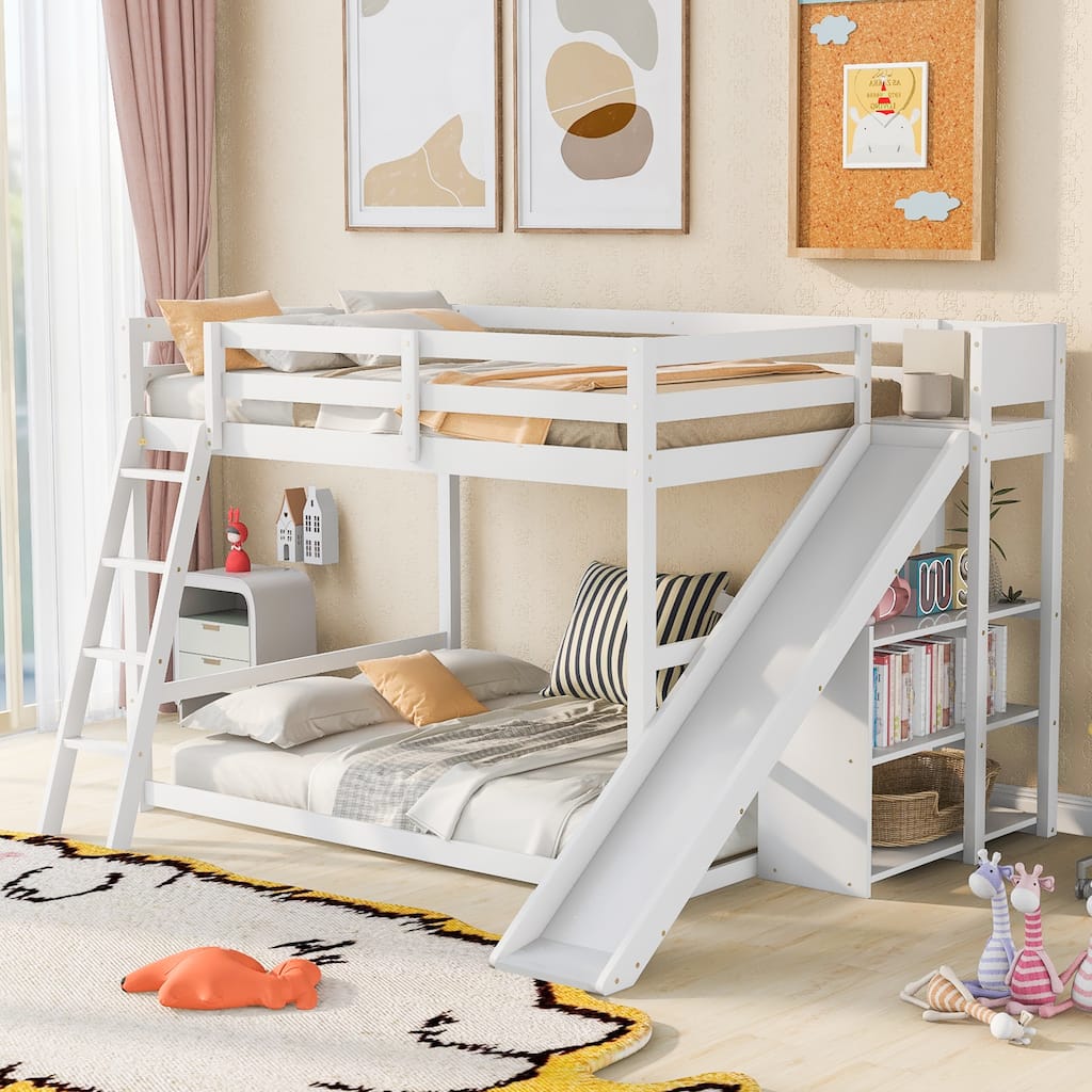 Full over Full Bunk Bed with Ladder, Slide, and Shelves in White