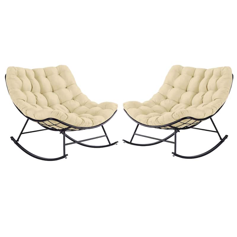 Outdoor Rocker Recliner Egg Reading Chair with Large Cushions (Set of 2) - Beige