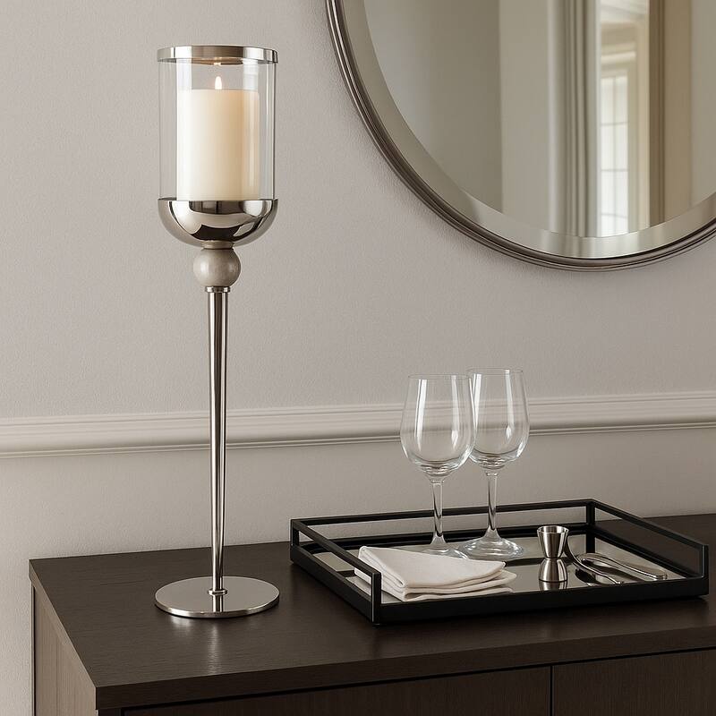 Metal Marble Floor Candle Holder Elegant Sculptural Hurricane - Silver - 6" x 6" x 29"