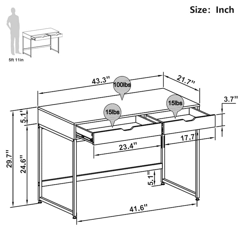 43'' W Home Office Computer Desk with 2 Drawers, Modern Writing Study Desk