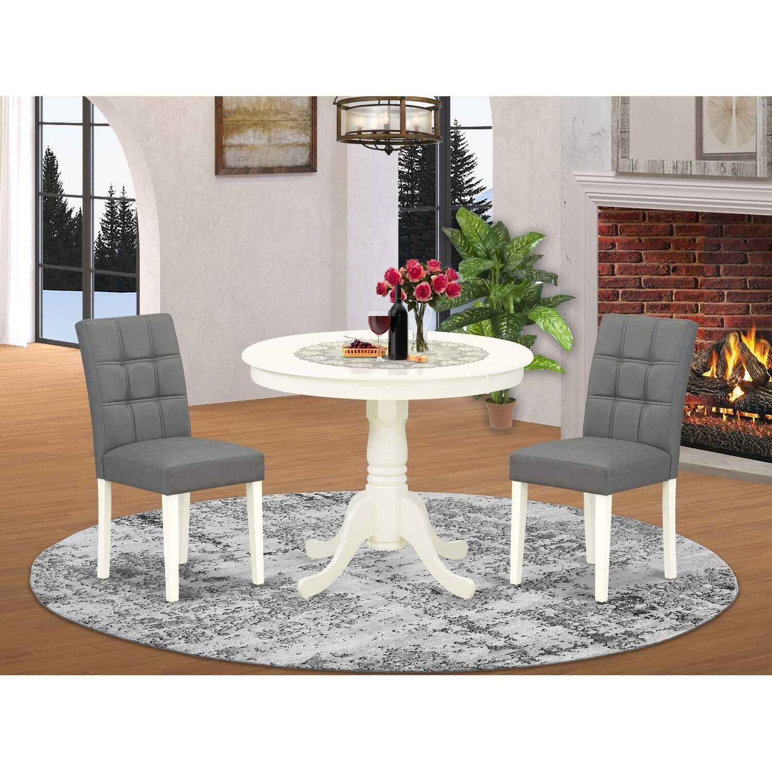 Round Pedestal Dining Table Set with 2 Chairs - Linen White Kitchen Table
