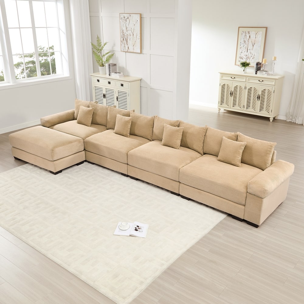 GDFStudio - Corduroy L-Shaped 4-Seater 167.6" Cloud Modular Sectional Couch with Ottoman