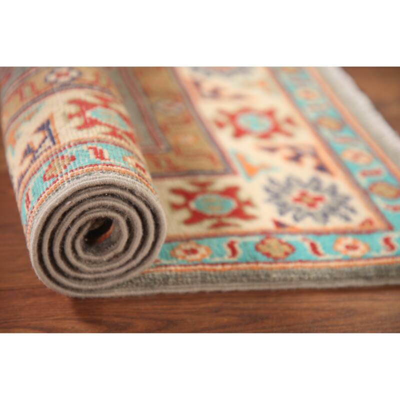 Geometric Grey Kazak Foyer Rug Handmade Traditional Wool Carpet - 2'7" x 3'10"