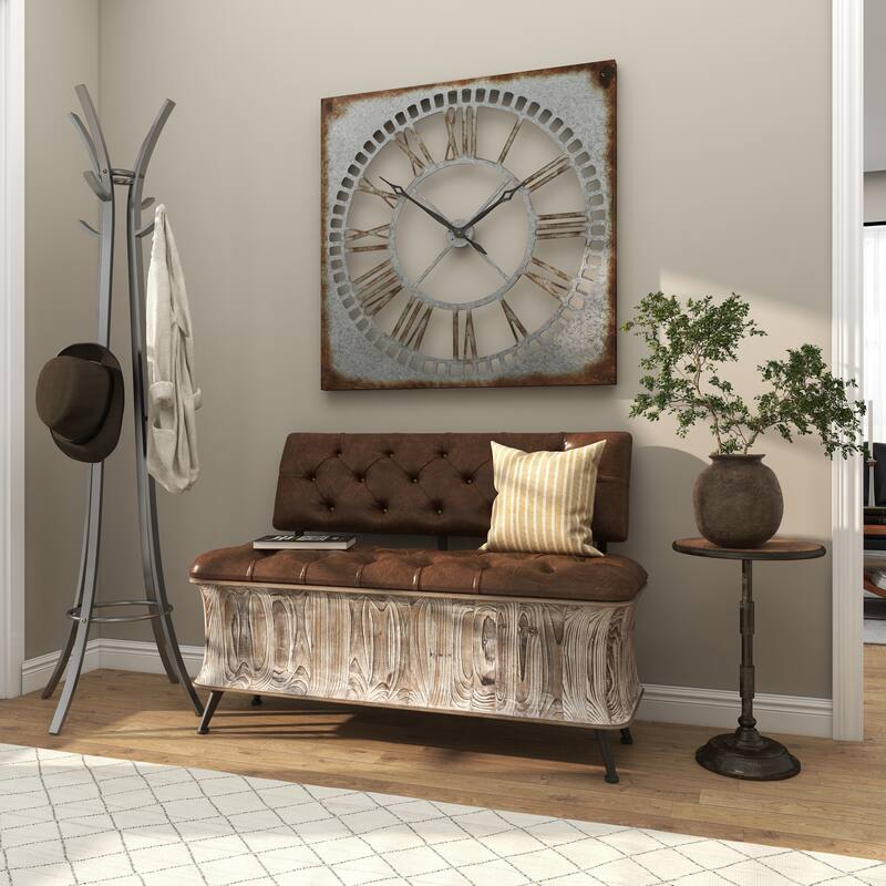 Brown Wood Storage Bench with Tufted Faux Leather Seat and Back