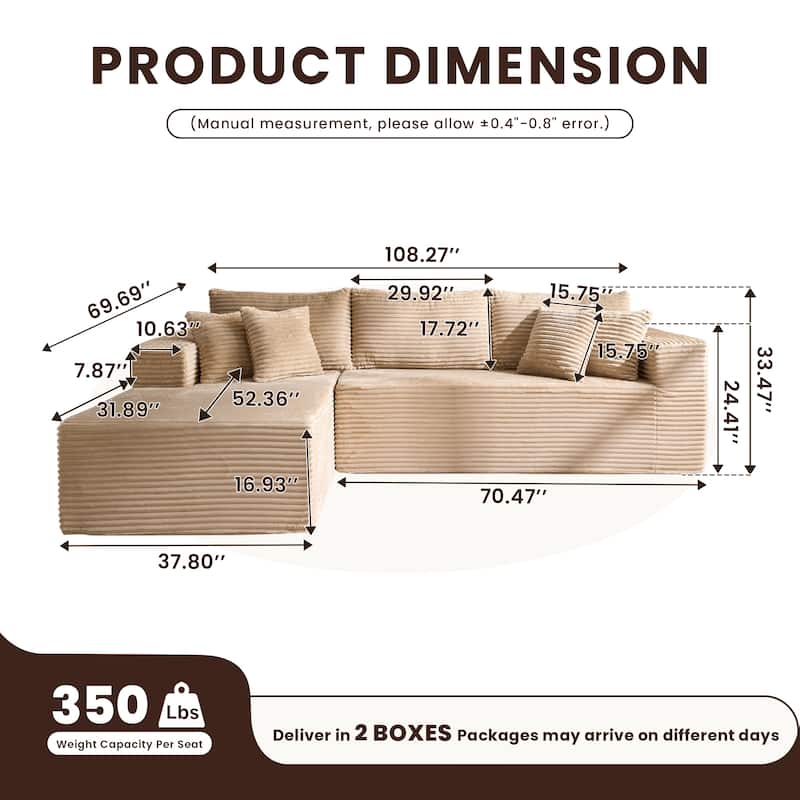 HOOOWOOO Modular Plush Upholstery L-shaped Sofa with Chaise Lounge