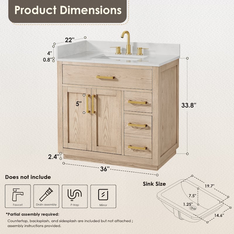 Altair Gavino Bath Vanity with Grain White Composite Stone Top, no Mirror