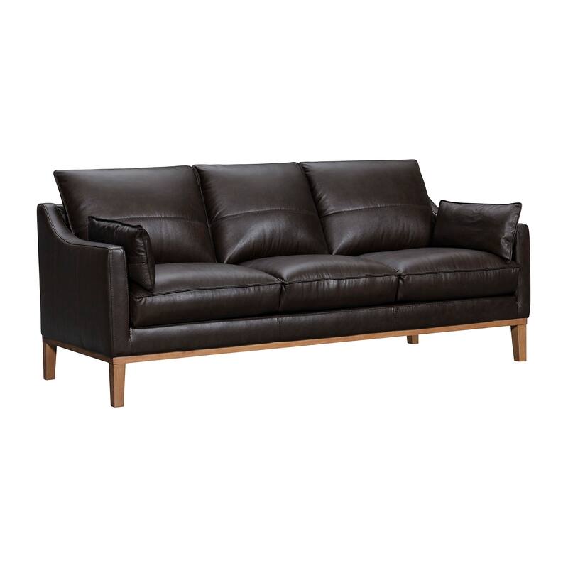 HomeRoots 87" Dark Brown Leather Sofa And Toss Pillows With Brown Legs