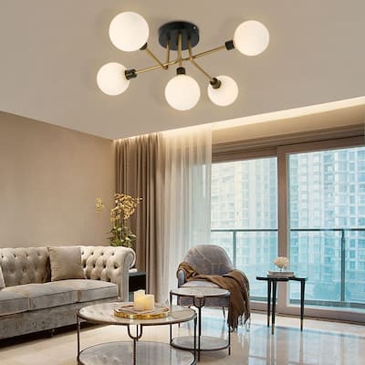 Gold and White Modern 5-Light Pendant Light with Glass Shade