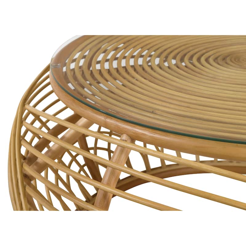 Dahlia Round Glass Top Woven Rattan Coffee Table Natural