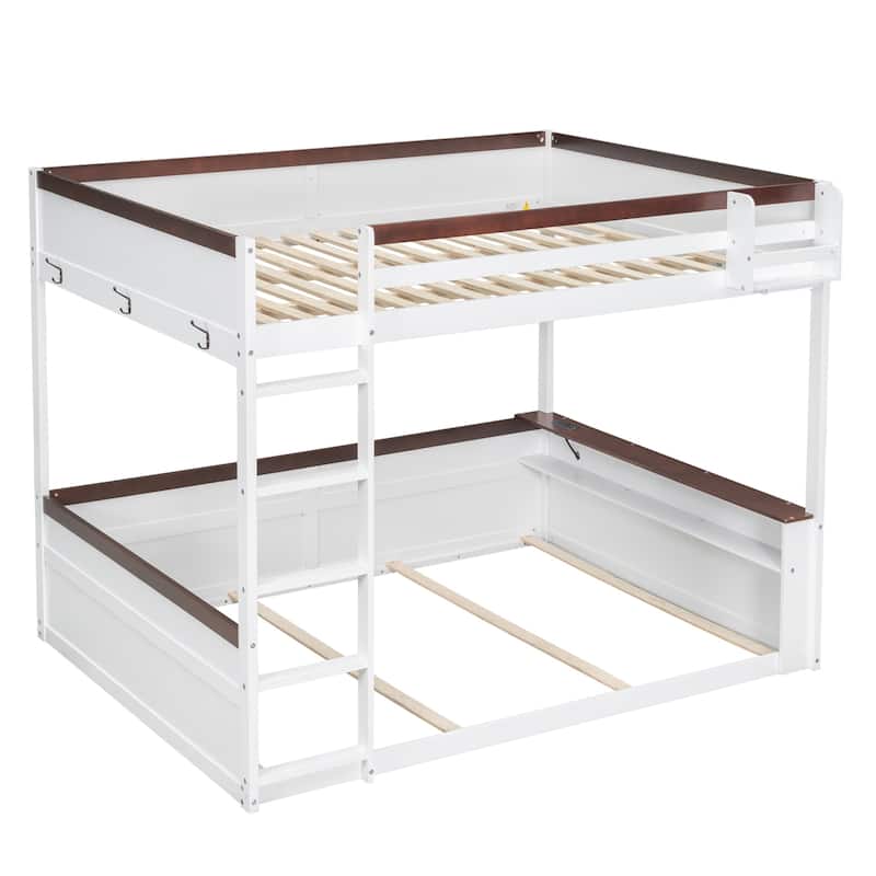 Queen Size Bunk Bed Concise Wooden Bed Frame with Shelves & 3 Metal Clothes Hooks and Built-in Charging Station Queen over Queen