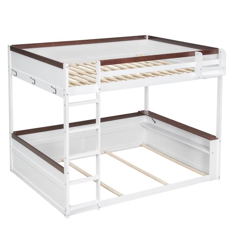 Queen Size Pinewood Bunk Bed with Built-in Shelves, Storage Box, LED Lights and USB Charging Station