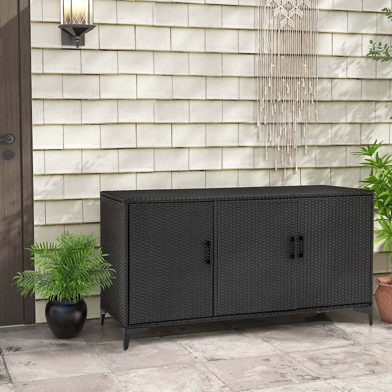 Costway 84 Gallon 3-Door Patio Wicker Storage Cabinet Deck Box with - See Details