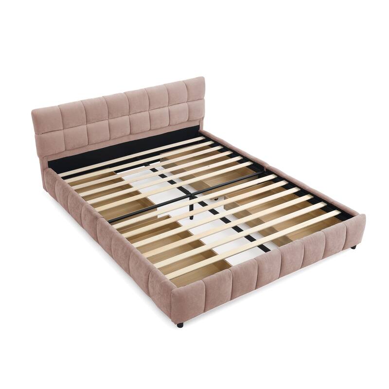 Queen Size Upholstered Bed with Tufted Headboard, Chenille Fabric Platform Bed with 4 Storage Drawers, Solid Wood Bed Frame