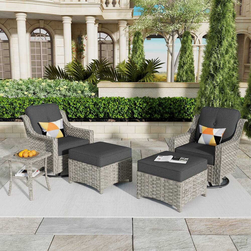 HOOOWOOO 5-piece Rattan Outdoor Furniture Patio Swivel Chair Chat Set with Ottoman