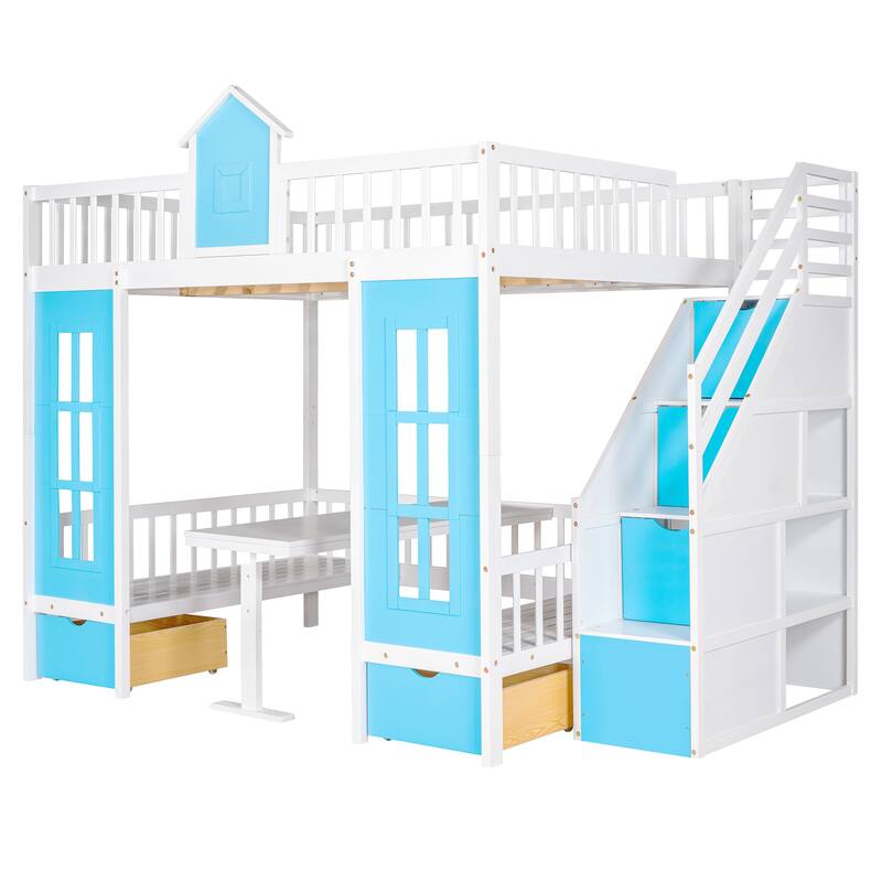 Bunk Bed with Changeable Table , Bunk Bed Turn into Upper Bed and Down Desk with 2 Drawers