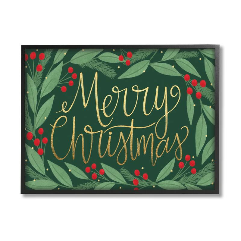 Stupell Merry Christmas Festive Sentiment Chic Holiday Holly Framed Wall Art - Green - 11 x 14 - Black