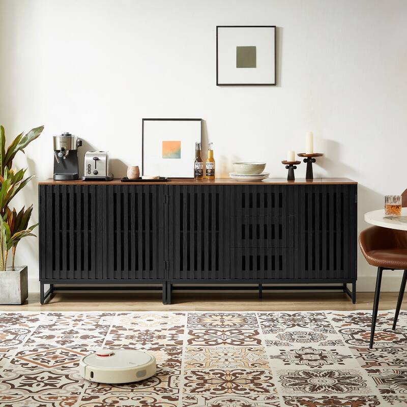 Modern Style Dressing with Grille Stripe Door 3 Drawers and 4 Shelves, for Living Room, Dining Room Office