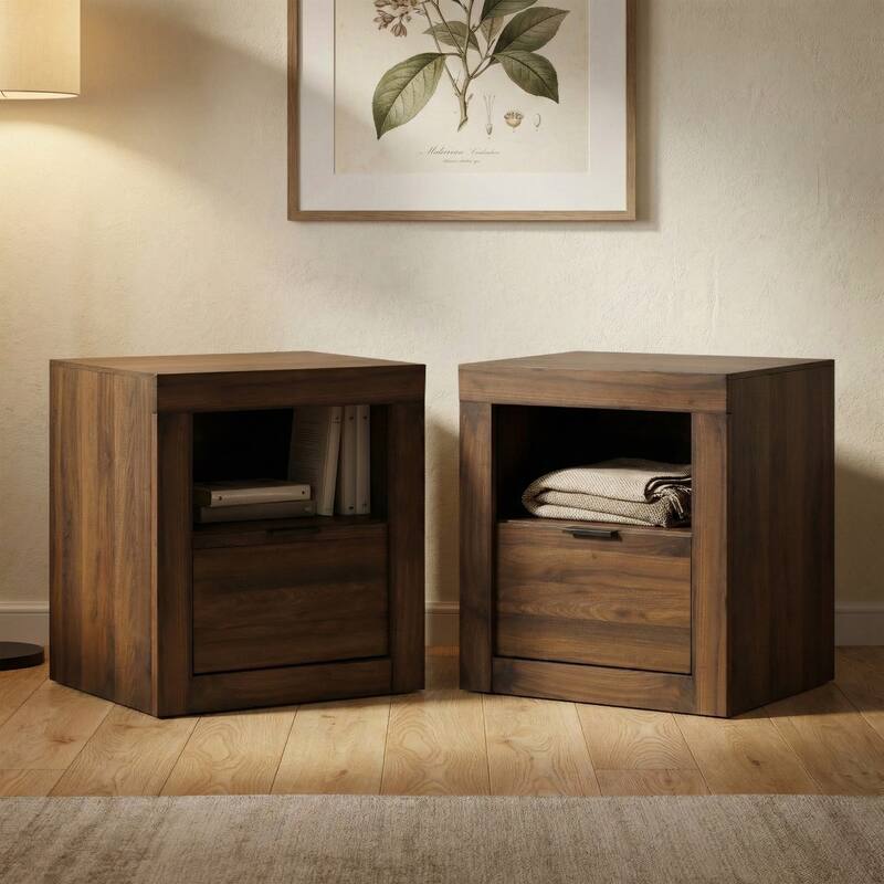 Furniture of America Merro Modern Solid Wood 1-Drawer Nightstand with Top Open Shelf (Set of 2) - Walnut