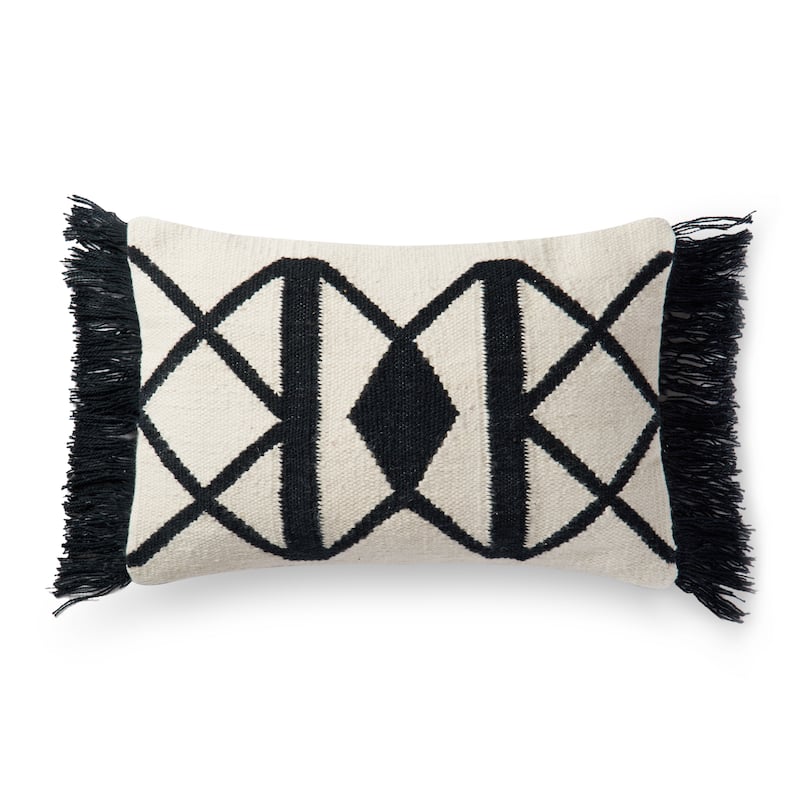 Alexander Home Tulsa Boho Geometric Throw Pillow - 13" x 21" Cover w/Down - Down - Black / Ivory