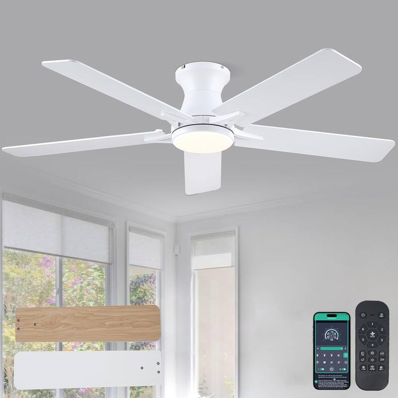 46"/52" Inches Flush Mount Modern Quiet Ceiling Fan with Light and Remote,5 Blades,for Living room,Bedroom - White-52"