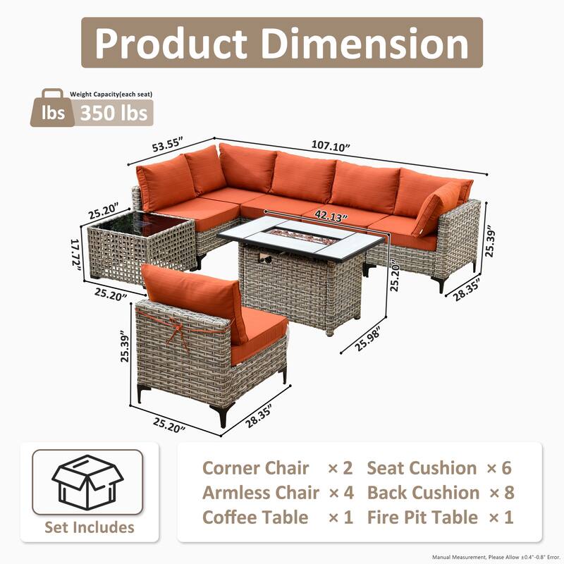 XIZZI 8-Piece Outdoor Wicker Furniture Sectional Set with Firepit