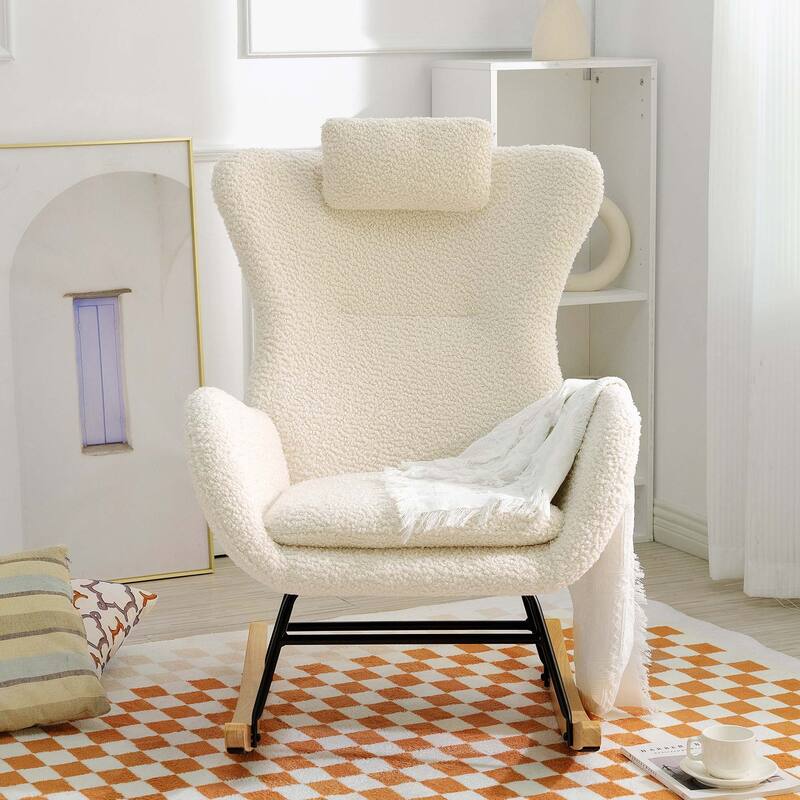 Teddy Rocker Glider Chair with High Backrest and Adjustable Headrest - Beige
