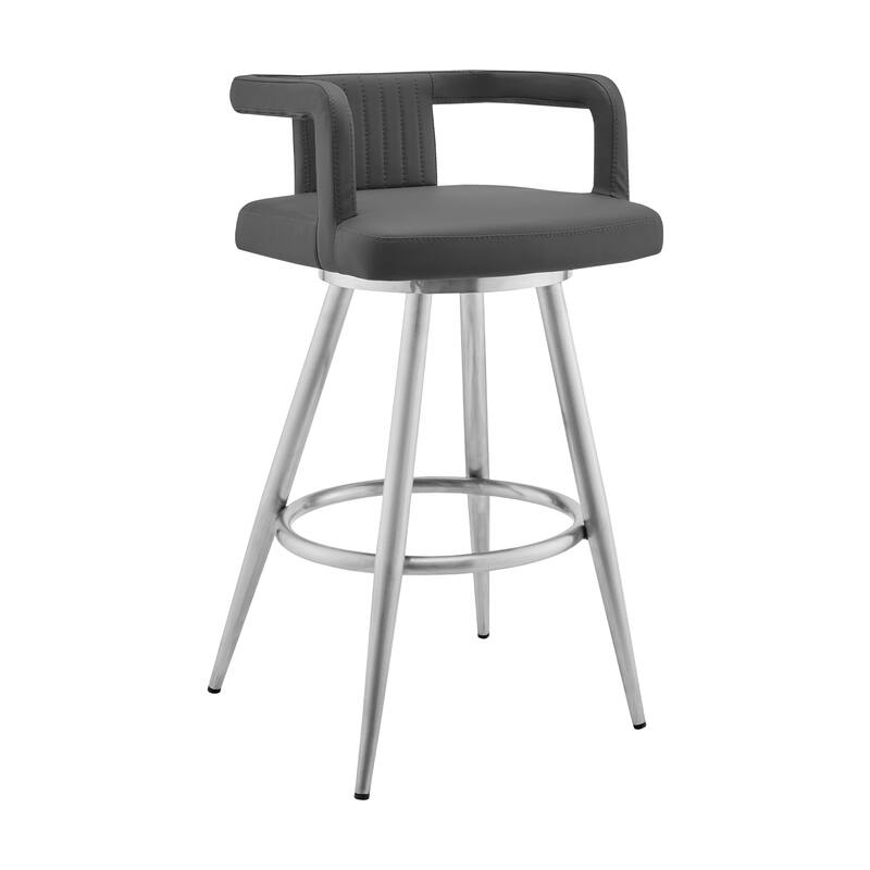 Gabriele Gray Faux Leather and Metal Swivel Bar Height Barstool with Arms