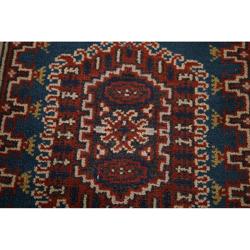 Blue Geometric Viss Oriental Runner Rug Handmade Wool Carpet - 2'6"x 7'10"