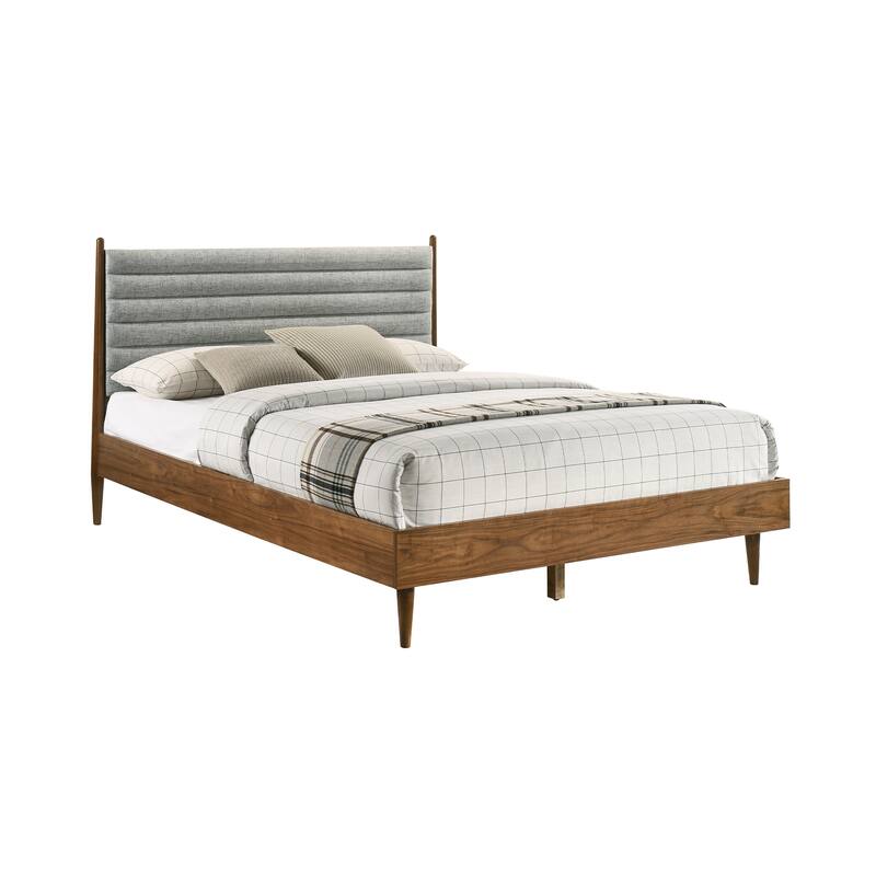 Artemio Black or Walnut Wood Queen Platform Bed Frame with Grey Upholstered Headboard