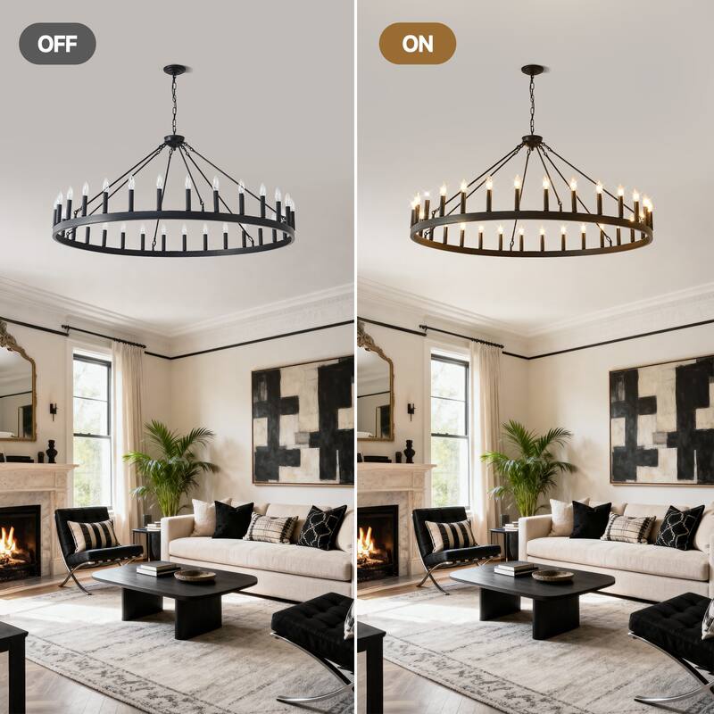 53.15 Inch Matte Black Wagon Wheel Chandelier With 30 Light (No Bulbs)-E12