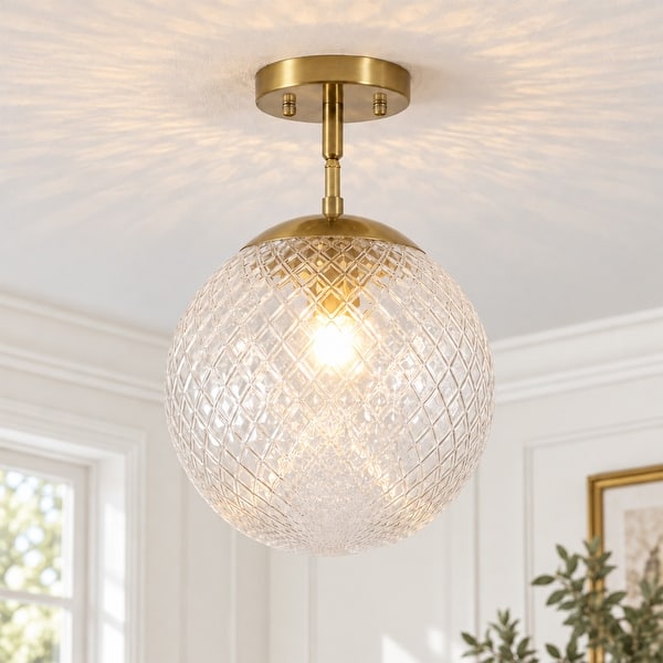 slide 2 of 11, Rennnsan 1-Light Modern Clear Grid Glass Semi Flush Mount Ceiling Light for Bedroom and Hallway - 9.8" W x 15" H 9.8" W x 15" H - Gold