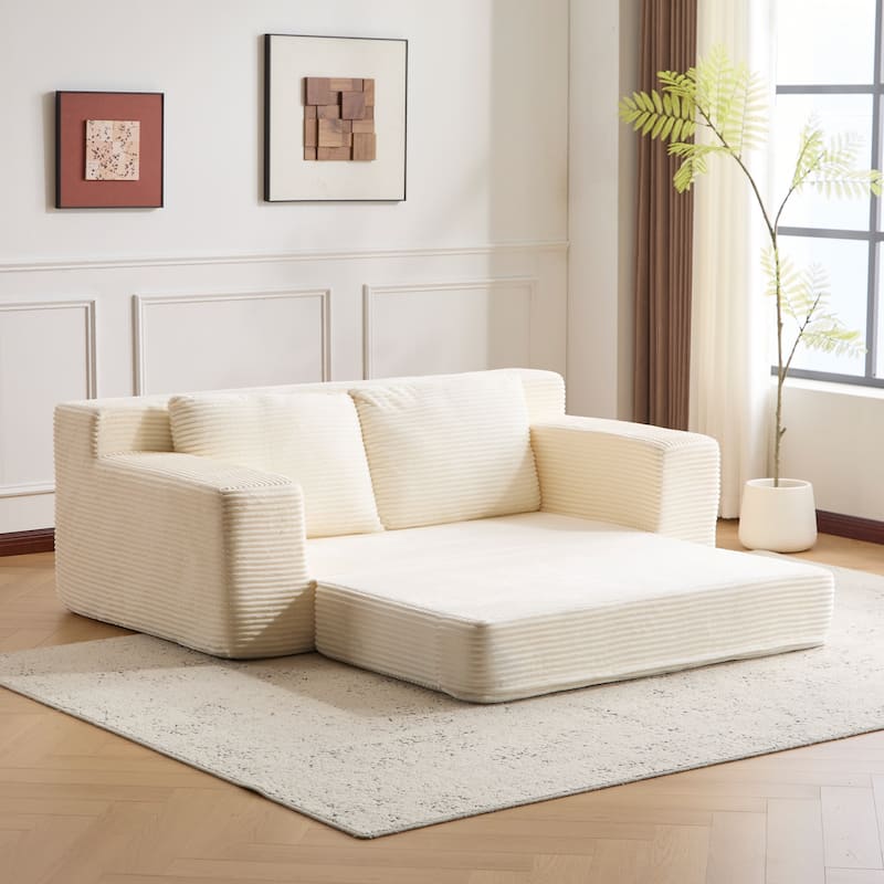 Floor Corduroy Deep Seat Loveseat Sofa with Folding Mattress Convertible Sleeper Sofa Bed with Reversible Cushion and Pillows