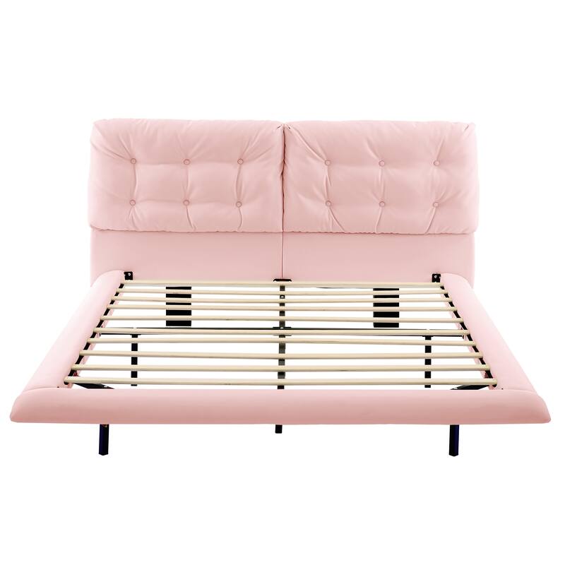 Queen Size LED Upholstered Bed Frame with Floating Design, PU Leather Headboard, Easy Assembly, No Box Spring Needed, Pink