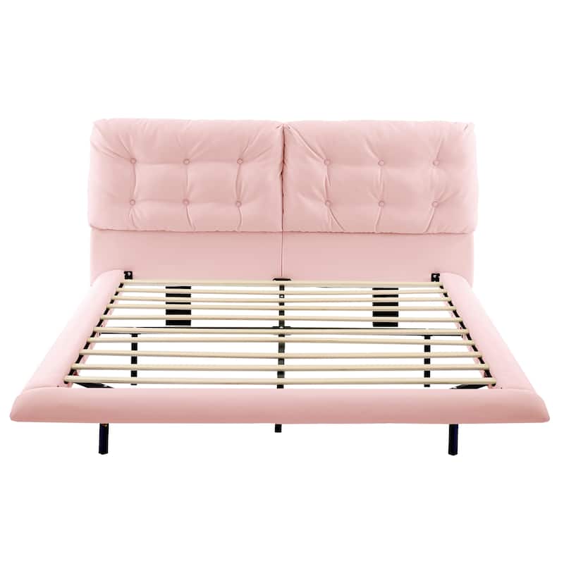 Queen Size Upholstered Floating Bed Frame with LED Lights, PU Leather Platform Bed with Button-tufted Headboard