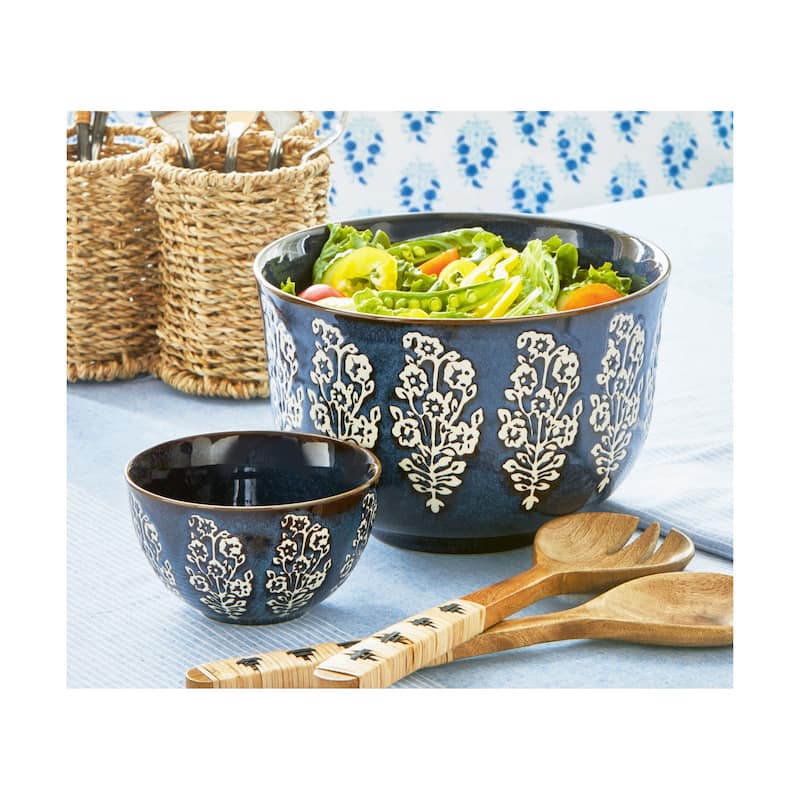 Cottage Blue Block Print Reactive Glazed Stoneare Dinner Serve, 84 oz. Bowl,