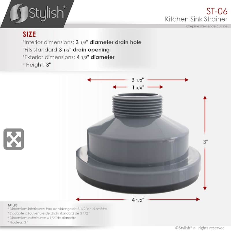 STYLISH 3.5 Inch Graphite Black Kitchen Sink Strainer with Removable Basket - Fits Standard 3.5" drain Opening.