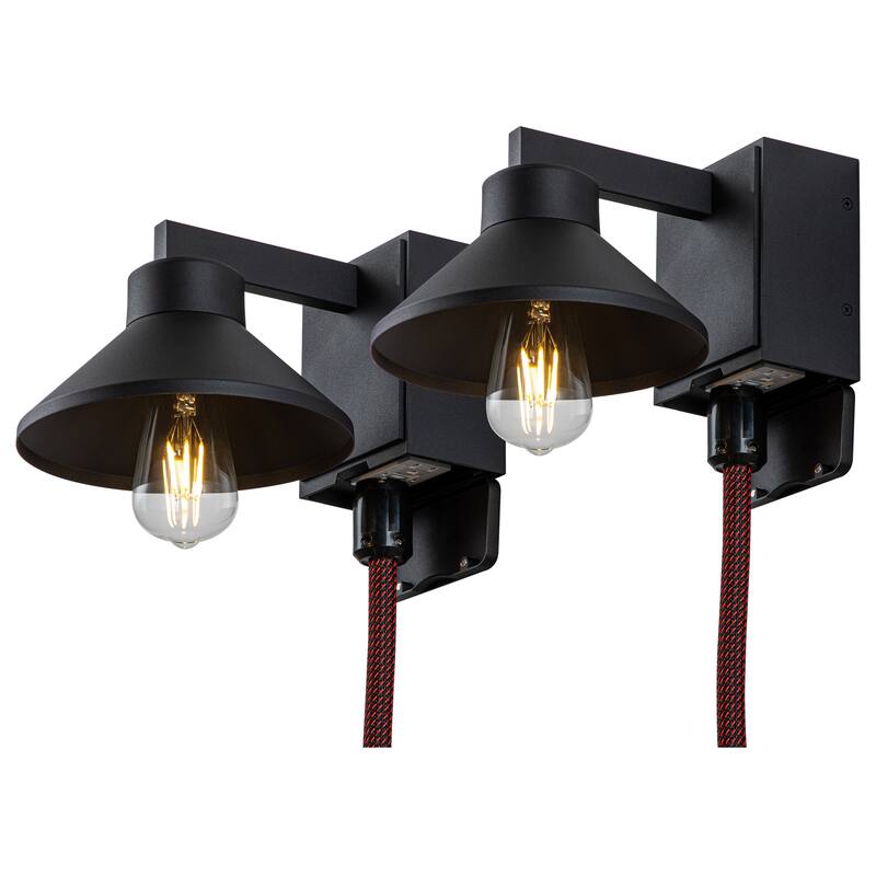 1-Light Matte Black Outdoor Barn Light Built-In GFCI Outlets - 2 pack