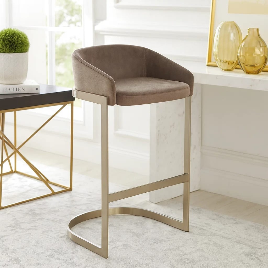 Xone 29 inch Set of 2 Modern Barstools, Curved Fabric, Metal Base, Brown